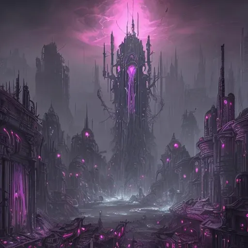 Prompt: extreme long shot concept art depicted old ruined subterrean drow crystal city, dramatic mood, overcast mood, dark fantasy environment, arcane pink glow , dieselpunk, bodyhorror building, mutation flesh, corruption,  art inspired by warhammer and arcane