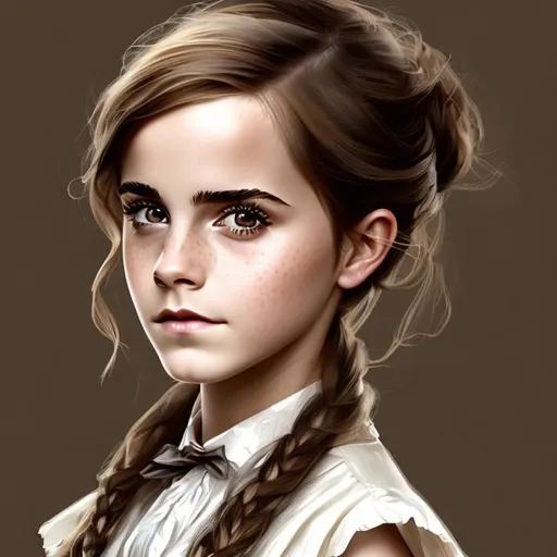 Prompt: "portrait of 1 2 yo emma watson at hogwarts, olive skin, long dark hair, beautiful bone structure, shiny gold background, intricate, elegant, highly detailed, digital painting, artstation, concept art, smooth, sharp focus, illustration, artgerm, rutkowski, mucha"