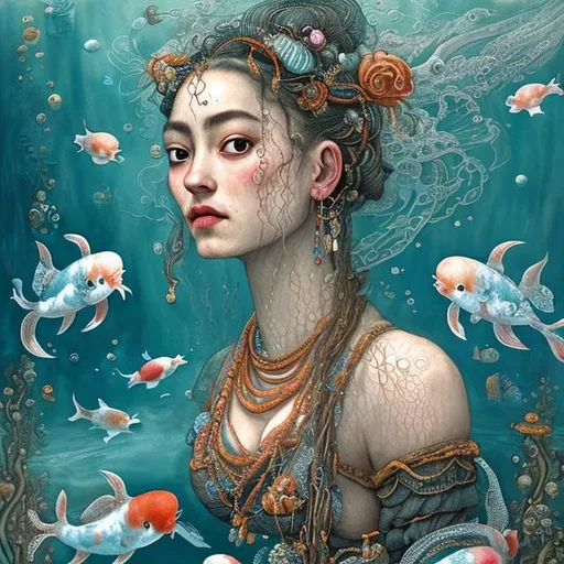 Prompt: woman in 16th century dress underwater tea party.  hair, elaborate hair, fabric, lace, bubbles. jewels, queen.  deep water. (surrounded by Koi karpers) majestic woman, (frieda kahlo art style), high detailed, 4k oil painting,