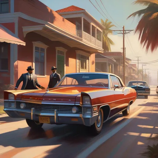 Prompt: Mafia III, car chase, cops, cartoony, sunny atmosphere, extremely detailed painting by Greg Rutkowski and by Henry Justice Ford and by Steve Henderson