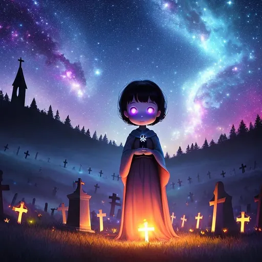 Prompt: Cute Pixar style painting, an adorable spirit woman, graveyard, midnight, translucent skin,  floating, nebula, galaxy, stars, fireflies, glowing eyes, glowing, Graves, cemetery, soft light, 4k, beautiful , gravestones, crypt, dead trees, hill, church in the background, backlit