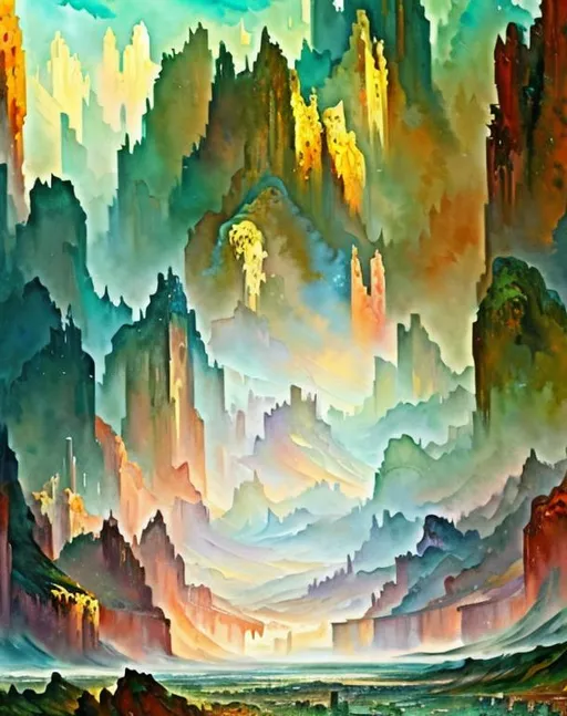 Prompt: Cinematic fantasy landscape in Gouache Style, Watercolor, Museum Epic Impressionist Maximalist Masterpiece, Thick Brush Strokes, Impasto Gouache, thick layers of gouache watercolors textured on Canvas, 8k Resolution, Matte Painting oil painting by James Gurney Abstract World