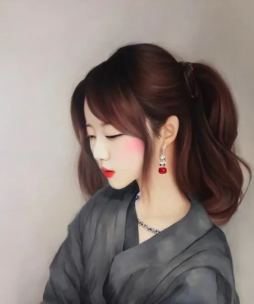 Prompt: A beautiful Korean glam female's portrait in cafe, watercolor painting, thick lips, white shirt, sophisticated hairstyle, thick lips, sophisticated hairstyle, masterpiece, hyper detail, looking front, full body