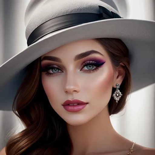 Prompt: Beautiful ethereal woman wearing a hat, stylish makeup, closeup
