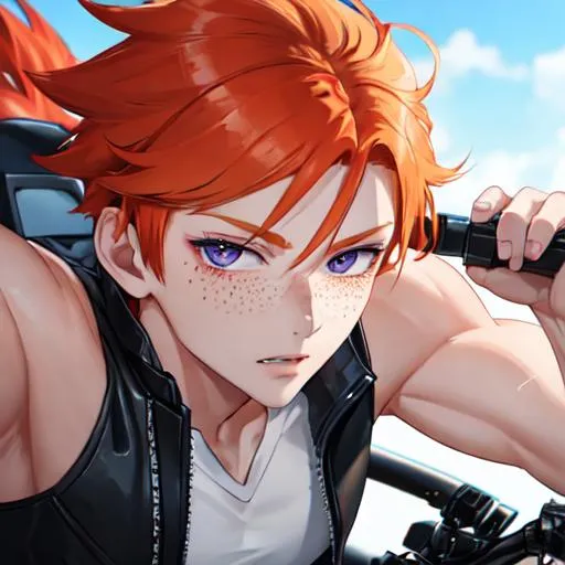 Prompt: Erikku male (short ginger hair, freckles, right eye blue left eye purple) muscular, riding a motorcycle. UHD, 8K, Highly detailed