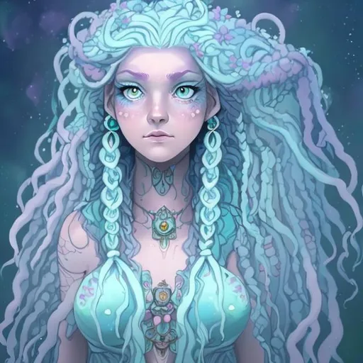 Prompt: A female water genasi druid with long lilac hair, pale blue skin and bright turquoise eyes. She's a wise healer and almost looks celestial
