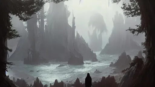 Prompt: fantasy concept art by greg rutkowski, hooded figure in the  foreground looks out over a dense redwood rain forest, endor, rugged in the background, sea creature surfaces in the sea, gestural oil painting style, cinematographic morning light, artstation hq, 