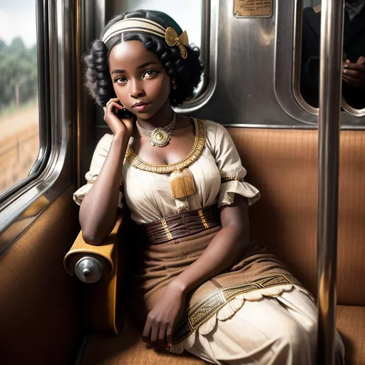 Prompt: old time photo of young African girl, dressed with 1920s hair, dressed like flapper, sitting on train, raw photo, photorealistic, High Detail, dramatic, UHD, HDR raw photo, realistic, sharp focus, 8K high definition, insanely detailed, intricate, high quality, 