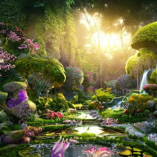 Prompt: Gardens, cosmic fantasy flowing streams and exotic gardens with intricate walking paths, gazebo, 4k Resolution, Art, Digital Art, Perfect Composition, Beautiful Detailed Intricate Insanely Detailed Octane Render Trending On Artstation, 8 K Artistic Photography, Photorealistic Concept Art, Soft Natural Volumetric Cinematic Perfect Light, Chiaroscuro, Award - Winning Photograph, Masterpiece, Oil On Canvas, Raphael, Caravaggio, Greg Rutkowski, Beeple, Beksinski, Giger, Treehouse, forest, 