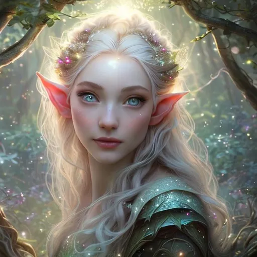 Prompt: Zoom in Portrait Very beautiful elf woman holding an orb of light (Masterpiece), gentle eyes and smile, gentle sparks of light, pale blond hair, (Masterpiece), fantastic sunlight,  very beautiful woman, fantasy, beautiful dancing pose, fantastic sky background, realistic flowers and plants,, constellation-like design Dress, in forest Shining pale blond hair, cinematic light, beautiful woman, beautiful eyes, long hair, perfect anatomy, very pretty, princess eyes, fantastic, stylised animation, bioluminescent, life size, 32K resolution, human hands, mysterious shape, graceful, almost perfect, dynamic angles, highly detailed, figure sheet, concept Art, smooth, symmetrical, balanced placement, fashion pose, 20s beauty, great hair, overhead space