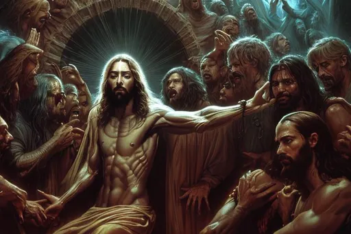 Prompt: hyper detailed jesus in hell setting the captives free dark cinematic in the style of boris vallejo UHD