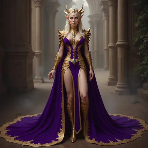 Prompt:  @VITLFRBSebJkkO8huw5E adorned in purple lavish, intricate royal attire, exuding an air of power and elegance, adorned with ornate jewelry and accessories, set against a dramatic, shadowy background, evoking a sense of mystique and allure, high detail, vibrant colors, fantasy realm ambiance.