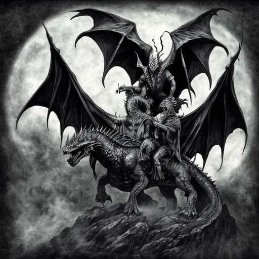 Prompt: Evil wizards riding a dragon. black metal album cover
