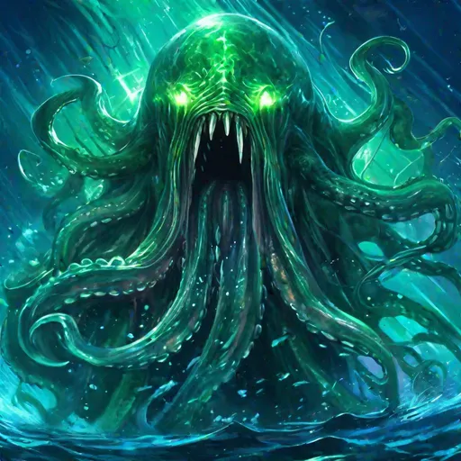 Prompt: A fantasy translucent enormous cthulu that is glowing, open mouth with needle sharp teeth, seaweed flowing from its body, underneath the ocean, beneath the stars, bioluminescent, terrifying, horrifying, creepy,  highres, best quality, concept art