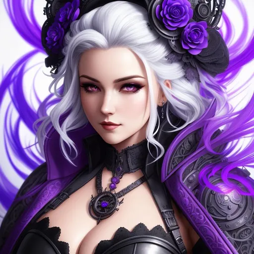 Prompt: A hyper realistic detailed character poster ((full body)) image of a ((sexy woman)),  with intricate ((sexy steampunk clothes)) with ((white hair)) a ((gothic purple steampunk dress)), balayage wild hair, highly detailed, digital painting, Trending on artstation, HD quality, ((by Prywinko)), ((sexy))