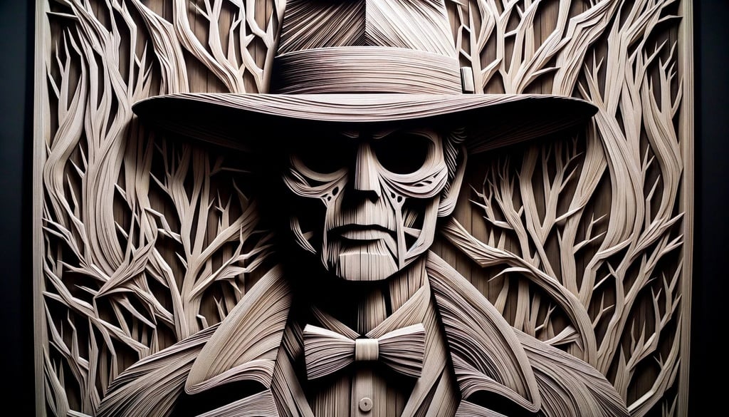 Prompt: Wide artwork showcasing a distinct silhouette of a man adorned with a hat, intricately crafted resembling paper sculptures. The design draws influence from horror films, emphasizing eerie elements. The backdrop evokes the texture of a wood sculptor's masterpiece, with visible cracks adding to the scene's ambiance. The entire composition resonates with the essence of traditional western-style portraiture.