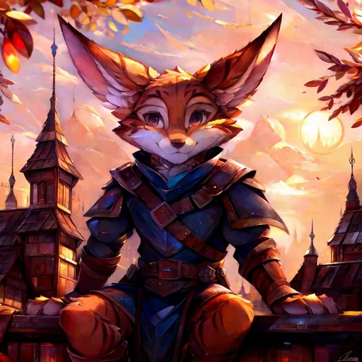 Prompt: Solo, male, anthro, (by_einshelm), vulpera, medieval city location, sitting on the roof, thief costume