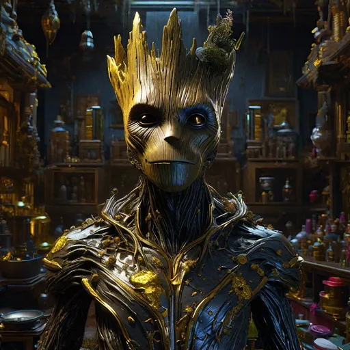 Prompt: "a centered head and shoulder ultimate face portrait of a dark Silver & Gold Gothic Groot wearing voodoo gear standing in a cluttered slime-lit living space"
"hyperdetailed photoillustration photorealism van Gogh Cinema 4D Oil painting Huang Guanjian finalRender lifelike Greg Rutkowski ismail Inceoglu Todd McFarlane Gustave Doré 16K resolution Unreal Engine 5 3D shading Alphonse Mucha hyperrealism Dan Witz photorealism hyperdetailed"