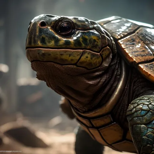 Prompt: Tortle character with a huge shield, dnd art, cinematic, highly detailed, high quality, side view, hyperdetailed face, complex, symmetrical face, sharp focus, perfect, model, textured, looking into the camera, realistic, rough, gritty, figure in frame
