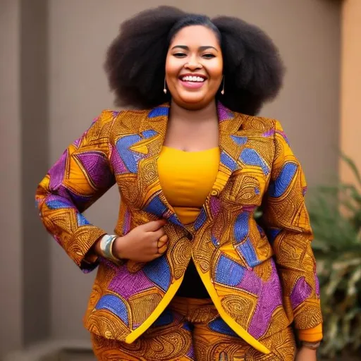 Prompt: Gorgeous smiling caramel coloured African Queen in regalia and Ankara blazer plus size