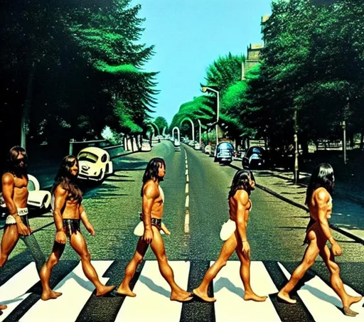 Prompt: Dressed in only a Loincloth, Conan the Barbarian replaces every member of The Beatles. Abbey Road Album Cover