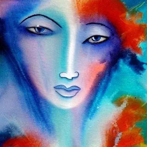 Prompt: woman blue eyes beautiful angel abstract ethereal satie