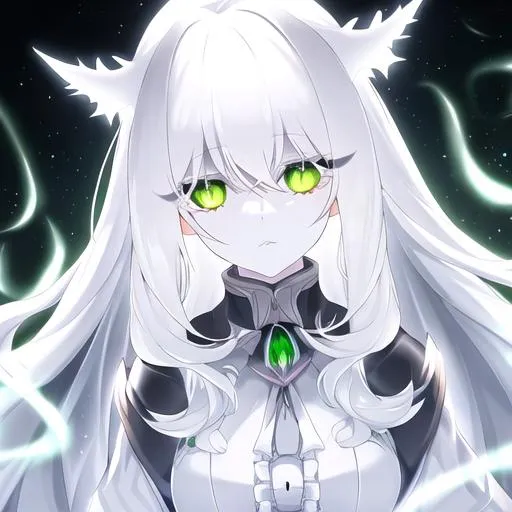 Prompt: ghost (long white hair, slightly pale skin, glowing green eyes), UHD, 8K, highly detailed, insane detail
