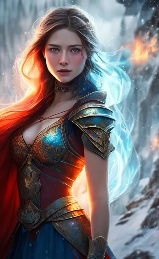 Prompt: 4k, realistic, fantasy, magic, fire and ice, woman, beautiful