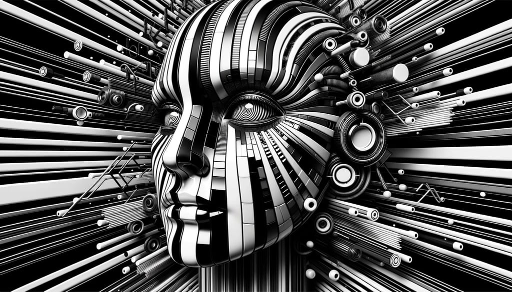 Prompt: Wide digital art of a face, adorned with black and white stripes, capturing the essence of high-tech futurism. The backdrop showcases video feedback loops intertwined with chrome reflections, giving the illusion of a three-dimensional puzzle. Robotic elements are subtly incorporated into the design.