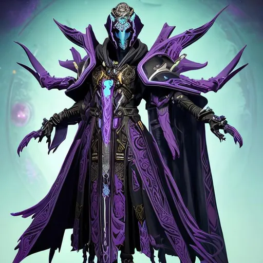 Prompt: Design an avatar image representing a mid-journey Warlock from Destiny 2. The avatar incorporates elements from the Vex Mythoclast, Outbreak Perfected, and SIVA weapons, the Warlock class, the Eye of Another World exotic helmet, and the Apollýōn concept. The Warlock wears ornate robes with intricate patterns inspired by the Vex and SIVA. The Eye of Another World helmet exudes an aura of mystery, partially obscuring the Warlock's face. Gauntlets adorned with SIVA-infused energy veins symbolize the Warlock's command over technological prowess. The background showcases celestial energies, Vex architecture, and SIVA tendrils, portraying the Warlock's exploration of cosmic forces and their mastery over time, space, and technology.