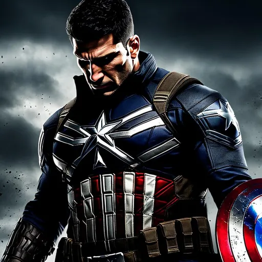 Prompt: High-resolution hyperrealistic photo of {the punisher} [[frank castle]] merged with captain america {{steve rogers}}, skull logo, black and crimson and grey costume, uhd, hdr, 64k