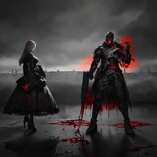 Prompt: Lady  holding AR15 and man HOLDING 223-556    in the middle of a BLOODY   full bulging veins and dripping   blood with burning town   glowing mixed lighting light fog 

, a stunning masterpiece in <mymodel> groosume 

, neat and clear tangents full of positive  and negitive  space 

, ominous dramatic lighting with detailed blood  shadows  and highlights enhancing depth of perspective and 3D volumetric drawing realistic feel 

, colorful vibrant painting in HDR