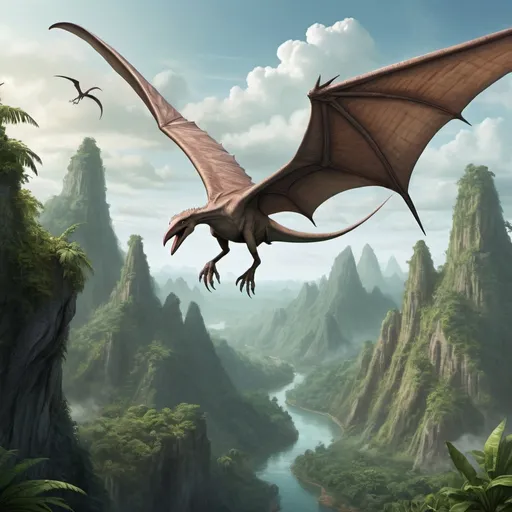 Prompt: Full body fantasy Illustration of a pterodactyl flying over a djungle landscape, fantasy, detailed, 