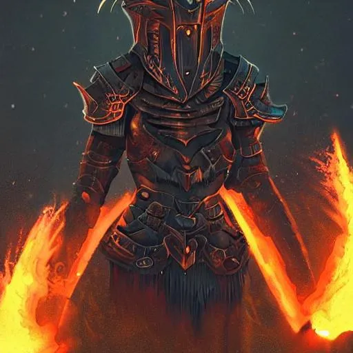 Prompt: a female in barbaric armor and a helmet  as dark as sky night the armor flashing like the volcanic ash and the sword of fire that glows till the night