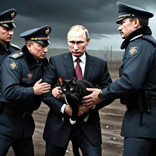 Prompt: Putin arrest by black cats, digital illustration, dramatic lighting, tense atmosphere, realistic depiction, high quality, detailed facial expressions, intense confrontation, political tension, dark and moody tones, highres, dramatic lighting, digital illustration, intense expressions, political theme, realistic style, tense atmosphere, soviet postapocaliptic landscape