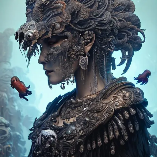 Prompt: "3 d goddess of death close - up profile portrait with ram skull. beautiful intricately detailed japanese crow kitsune mask and clasical japanese kimono. betta fish, jellyfish phoenix, bio luminescent, plasma, ice, water, wind, creature, artwork by tooth wu and wlop and beeple and greg rutkowski"