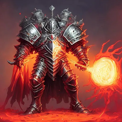 Prompt: A oversized knight with large globs of red energy overflowing out of the cap of his armor causing his armor to distort 