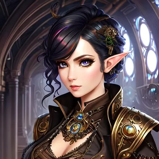 Prompt: half body portrait, female , elf, Steampunk elf, black multicolored hair, vest and dress shirt, detailed face, detailed vibrant eyes, full eyelashes, ultra detailed accessories, tunic, curly messy short hair, dnd, artwork, airships in background, steampunk fantasy, inspired by D&D, concept art, ((looking away from viewer)), ((fantasy)), UHD, 8K, fantasy,