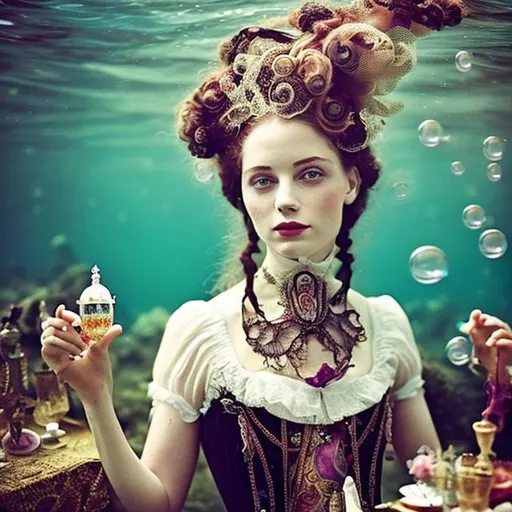 Prompt: woman in Victorian dress underwater tea party.  hair, elaborate hair, fabric, lace, bubbles. jewels, queen.  colorful.