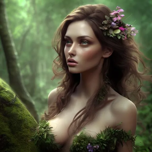 Prompt: HD 4k 3D professional modeling photo hyper realistic beautiful enchanting forest goddess nymph woman dark hair olive skin green eyes gorgeous face nature magical forest flowers and trees butterflies landscape hd background ethereal mystical mysterious beauty full body
