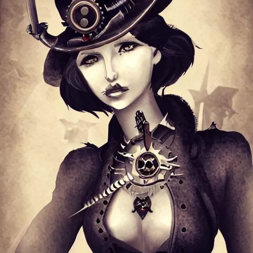 Prompt: Character Portrait, demon, steampunk, hat, gears, female