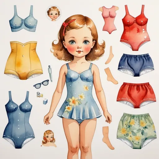 Prompt: Soviet style, poster, magnetic dress up for children, girl in underwear, swimsuit, paper doll, watercolor, human eyes