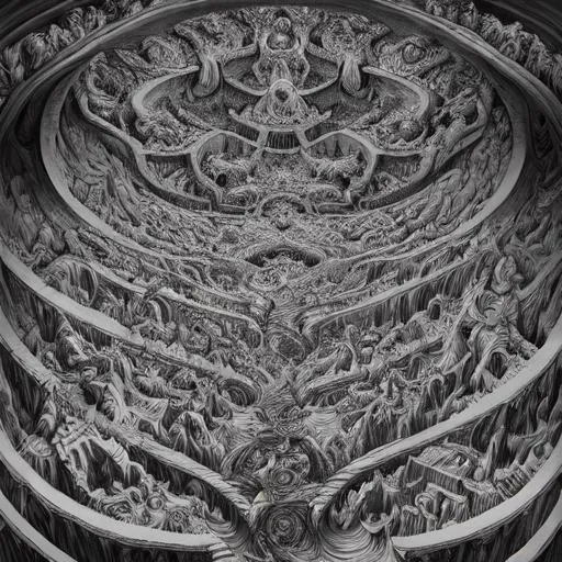 Prompt: m. c. Escher style, 3d art, of dante's 9 layers of hell, extremely visual, mind bending, elaborate, intricate, highly detailed, 4k, hd, crystal clear view of the nine layers of hell drawn in the style of mc escher and the dark ages evil