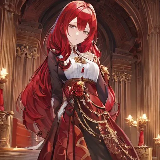 Prompt: masterpiece, illustration, best quality:1.2), 1girl, solo, red hair, dignified , finely detailed, detailed face, beautiful detailed eyes, beautiful detailed shading, beautifully detailed background, surtr, arknights, short black skirt