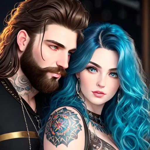 Prompt: fantasy oil painting ((heavyweight man and heavyweight woman couple who are so in love)), (((long brown wavy hair for man))), (((long blue wavy hair for woman))), (((woman's eyes are brown))), (((man's eyes are green))), (((woman has pale skin and round face))), {man has round face and scruffy beard}, tattoos, cyberpunk surreal, Disney, pixar, ((rainbow)), cosmos, space, bubbles, illustration, neon, high detail, intricate, elegant, by Jeremy Mann, artgerm, Rutkowski, and other illustrators, intricate details, face, full body portrait, headshot, illustration, UHD, 4K