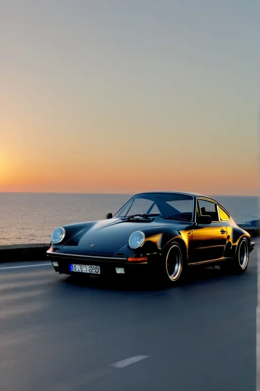 Prompt: generate black Porsche 911 model 930 on an empty Italian road, with the sea in the background, sunset''  8K, ultrarealistic,