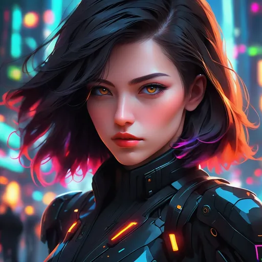 Prompt: (ultra-detailed) close up of a female agent, (dark clothes), vibrant colors, sci-fi atmosphere, lineless art style, striking facial features, sleek design, digital rendering, blurred city background, (4K resolution), dynamic lighting, otherworldly ambiance.