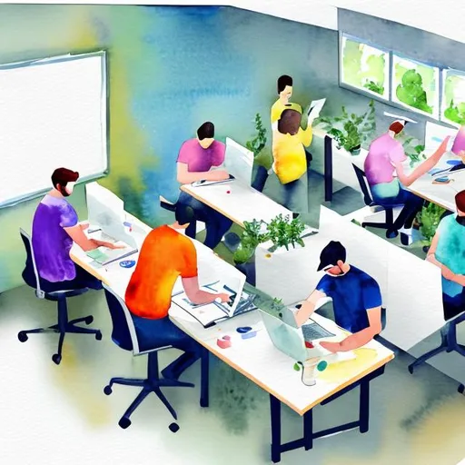 Prompt: water colour painting of an office workspace with five people wearing different coloured tshirts working on their laptops
