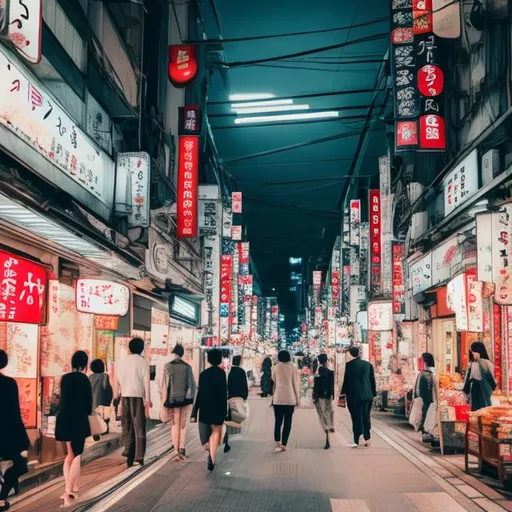 Prompt: Japanese city nightlife street sidewalk shopping area scenic