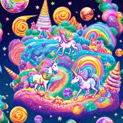 Prompt: lisa frank unicorns , outer space candy land 4k hd 